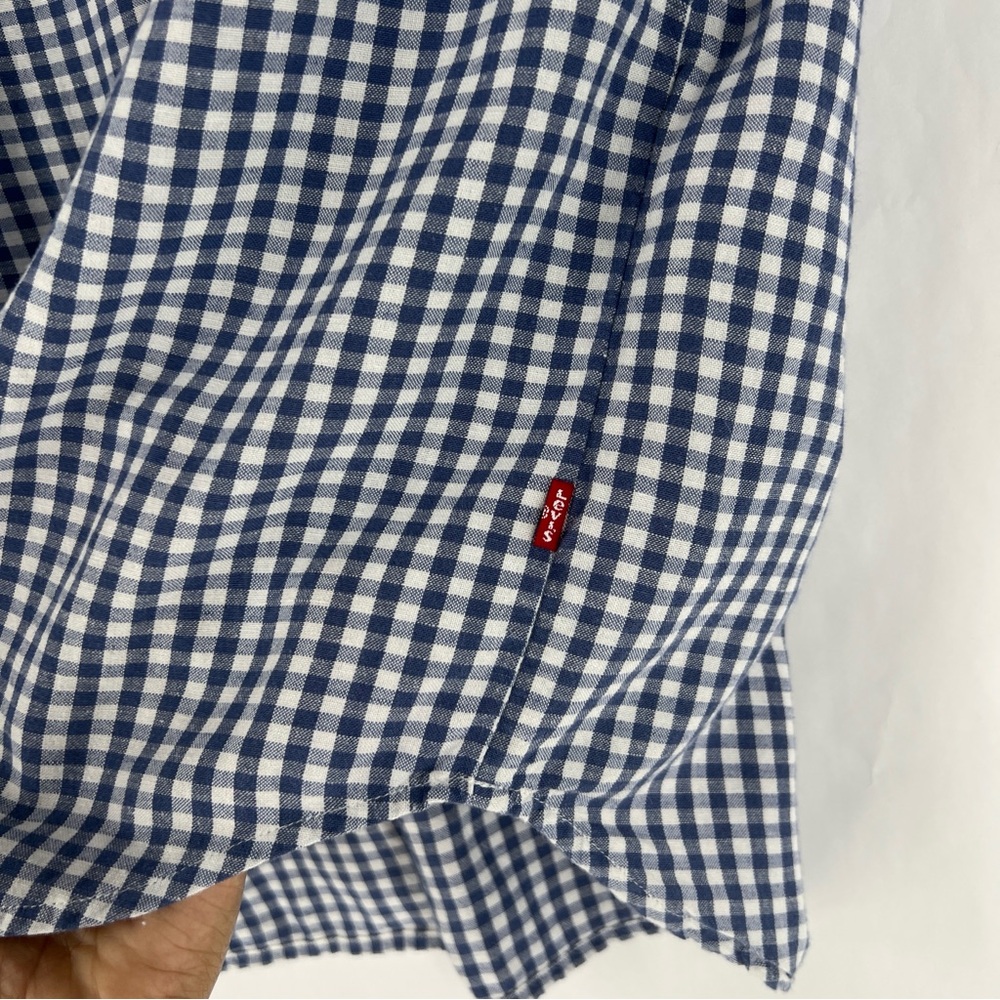 Levi's Blue Gingham Checkered Boxy Cap Sleeve Mandarin Collar Top Size L - Picture 8 of 11